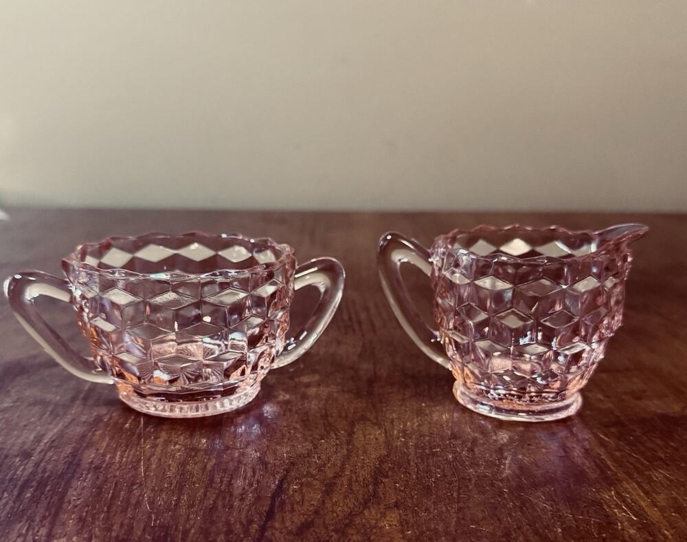 Vintage Jeannette Pink Depression Glass Cubist Creamer & Sugar Bowl Set 1930s